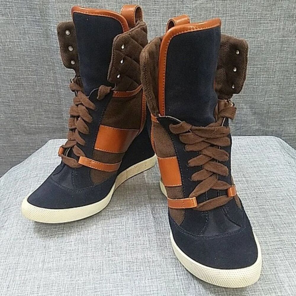 Chloe Kasia wedge sneaker - blue suede / tan leather brown quilted women's sz 38